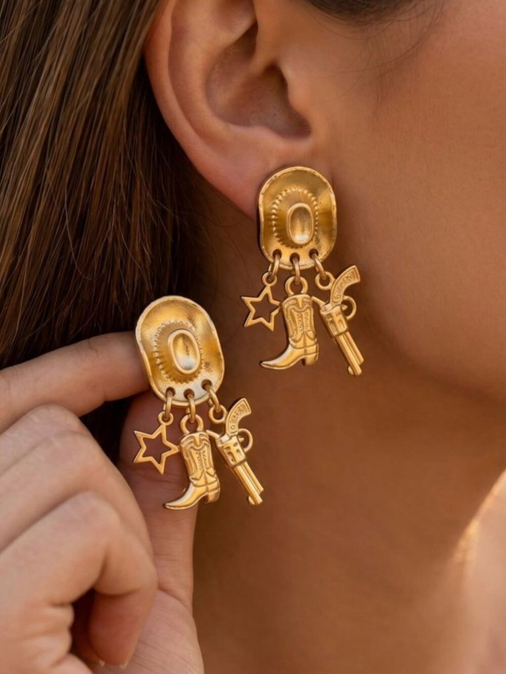 Gold Western Cowboy Women's Hat dangly earrings